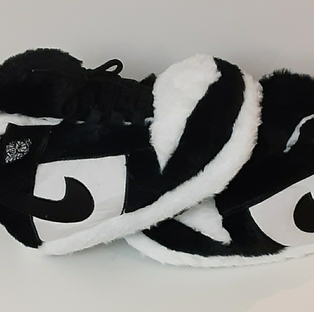 AJ 1 Plush Black and White Furry Slippers Fit Size 4 To 8
